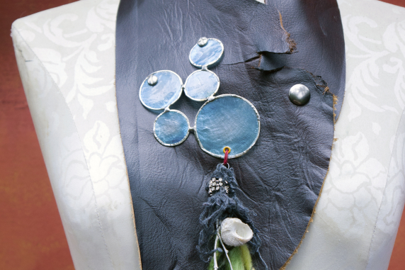 Bubbles and shells organic bohemian leather bib necklace with pewter branch