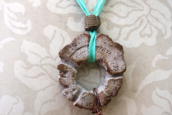 Cholla disc necklace with enameled #8 and a bottlecap accent