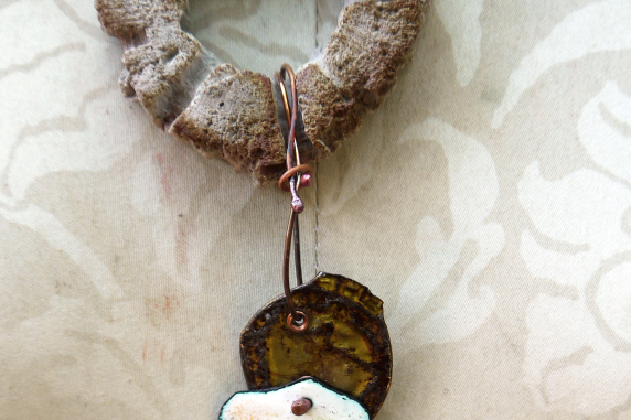 Cholla disc necklace with enameled #8 and a bottlecap accent