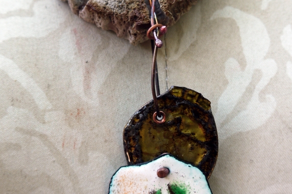 Cholla disc necklace with enameled #8 and a bottlecap accent