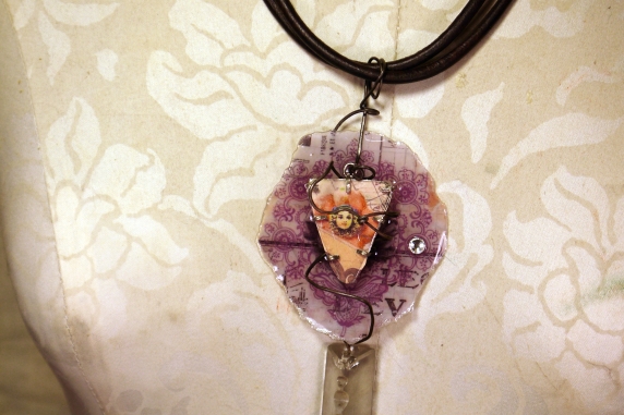 Caged circus resin necklace with a vintage crystal and leather