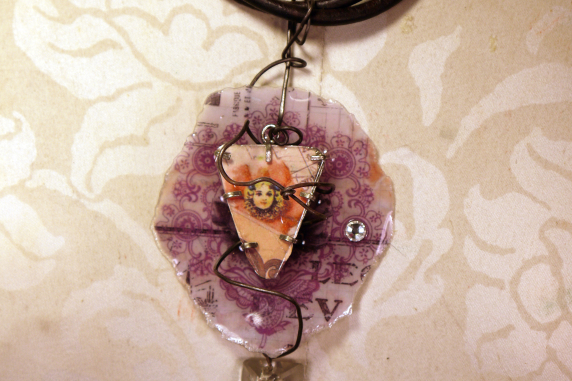 Caged circus resin necklace with a vintage crystal and leather