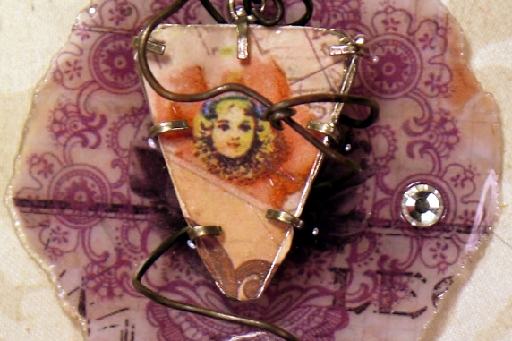 Caged circus resin necklace with a vintage crystal and leather
