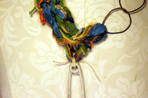 Colorful yarn and concrete safety pin necklace with steel links