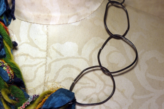Colorful yarn and concrete safety pin necklace with steel links