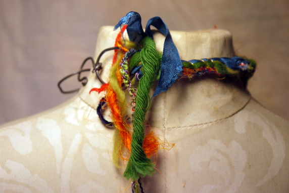 Colorful yarn and concrete safety pin necklace with steel links