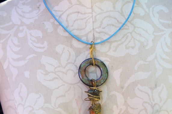 enamel washer crystal necklace with turquoise cord and brass