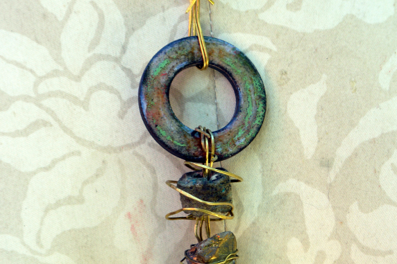 boho crystal necklace with turquoise cord and brass