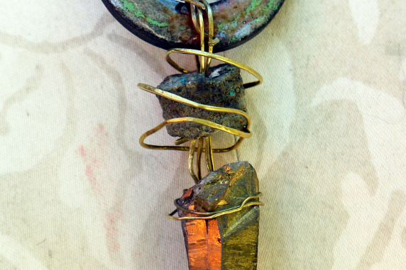 industrial necklace with turquoise cord and brass