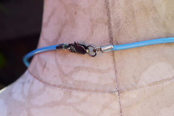 enamel washer crystal necklace with turquoise cord and brass