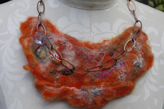 Orange felted yarn necklace with copper chain and vintage buttons