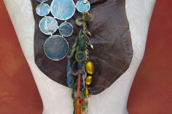 Gathered brown leather fringe bib necklace with blue capiz shell