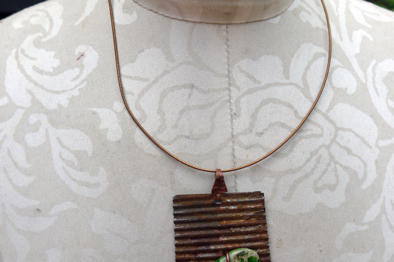 Green jasper recycled tin can prong necklace