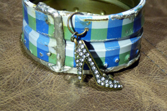 Recycled blue plaid tin can soldered cuff with high heel charm