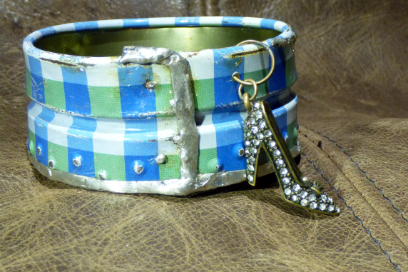 Recycled blue plaid tin can soldered cuff with high heel charm