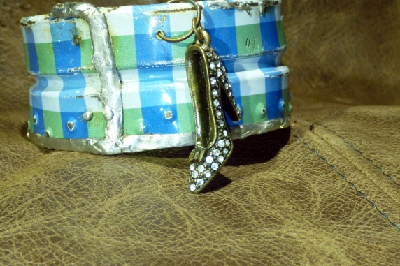 Recycled blue plaid tin can soldered cuff with high heel charm