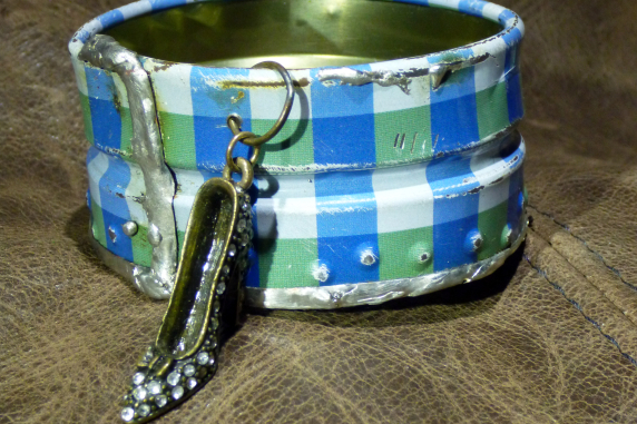 Recycled blue plaid tin can soldered cuff with high heel charm