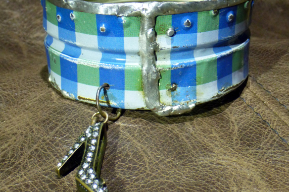 Recycled blue plaid tin can soldered cuff with high heel charm