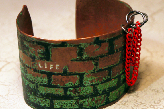 Etched copper cuff "life" obstacles and hoops