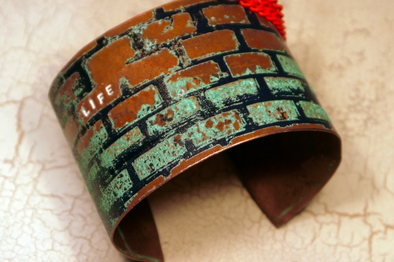 Etched copper cuff "life" obstacles and hoops