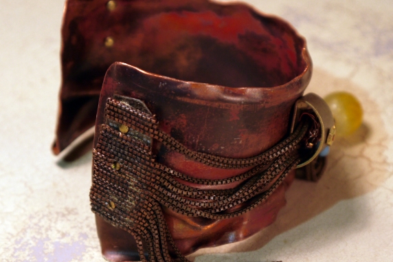 salvaged_crushed_copper_cuff_recycled_chains_beads_vintage_parts_brass Jomama
