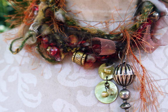 Yarn fringe mixed media charm necklace