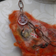 Vintage button and embedded lace Orange felted yarn necklace with copper chain and vintage buttons