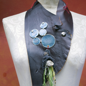 Bubbles and shells organic bohemian leather bib necklace with pewter branch